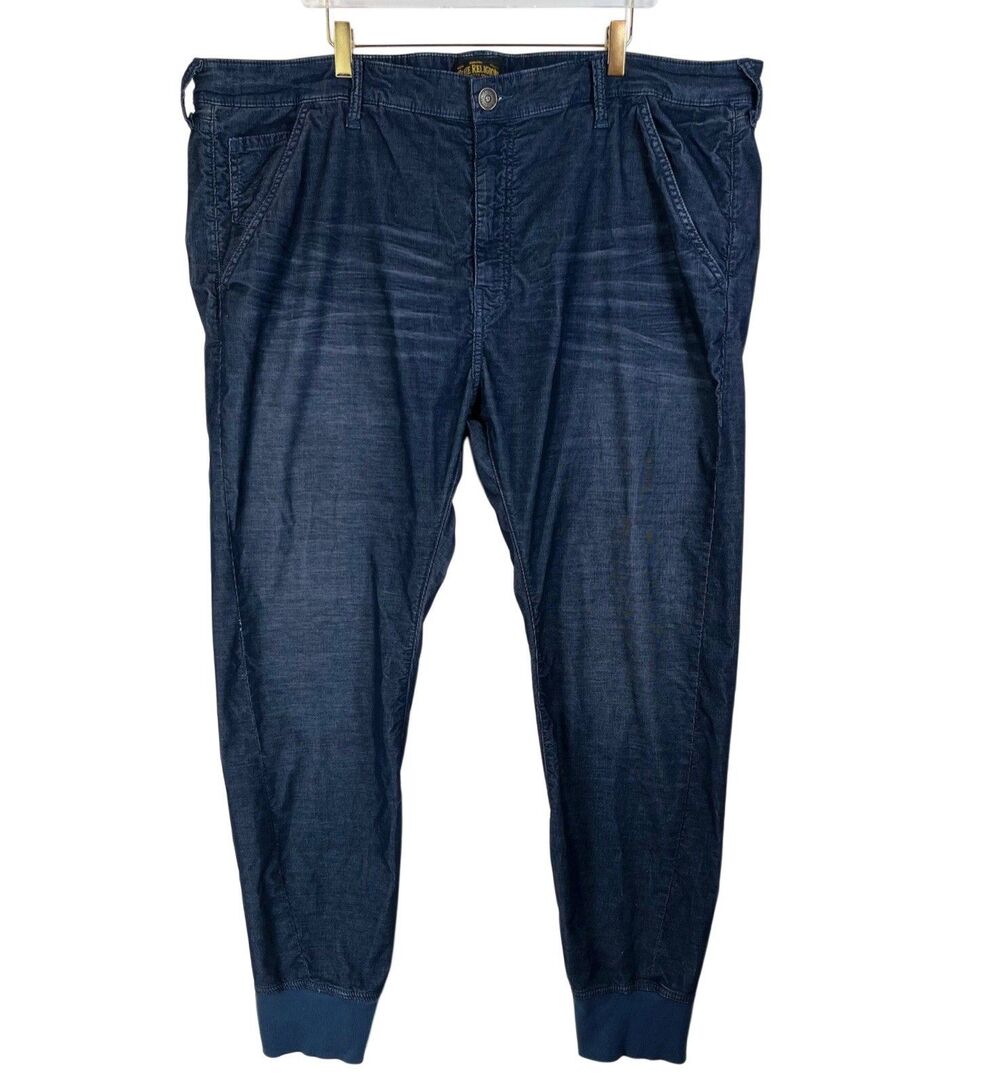 True Religion Men's Joggers Size 44x32 Blue Indigo Knit Denim Pockets Zip Cuff